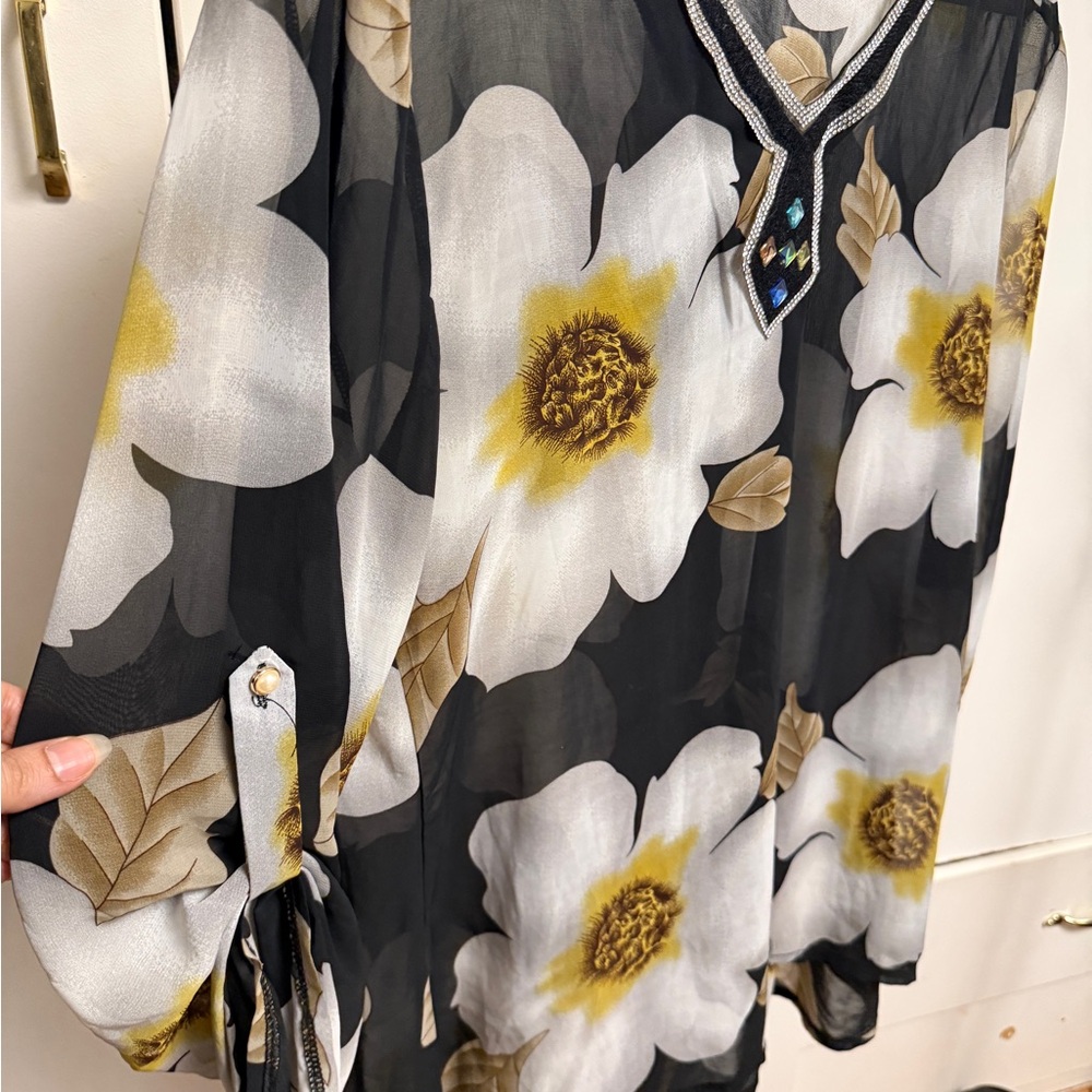 Black Sheer Floral V-Neck Women's Top with Embellished Trim - Picture 4 of 5